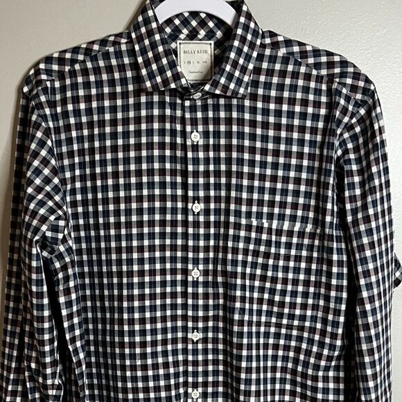 Billy Reid Men's Plaid L/S Standard Cut Shirt Burgundy, Navy &  White Sz M - Picture 1 of 5